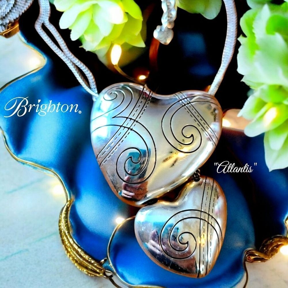 BRIGHTON "Atlantis" Silver Double Hearts Etched Necklace BOLD ACCESSORIES!